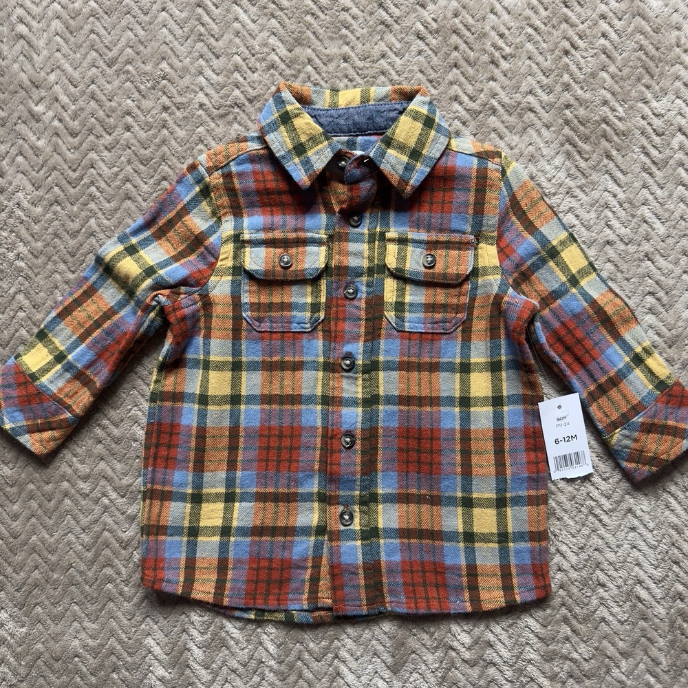 NWT dip Baby Boy Red Yellow Plaid Flannel Button Shirt Size 6-12 Month Cotton
